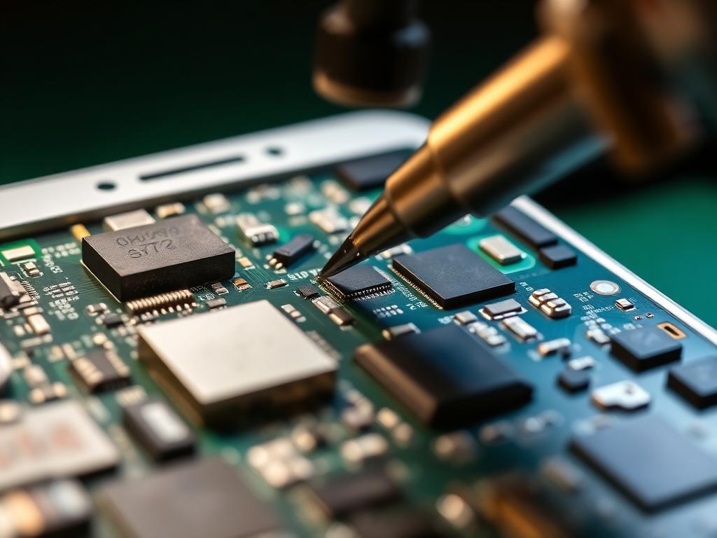 Solda em placa de celular durante o reparo do conector de carga