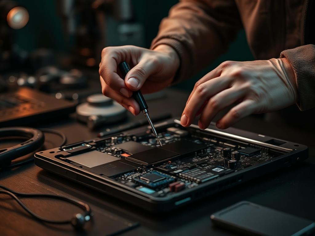 Técnico abrindo um notebook na bancada para diagnóstico da placa