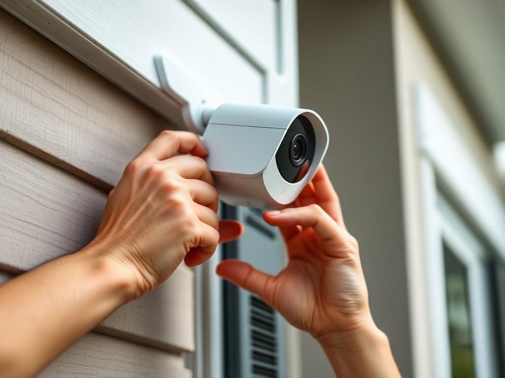 Técnico instalando uma câmera de segurança Wi-Fi na parede externa de uma casa